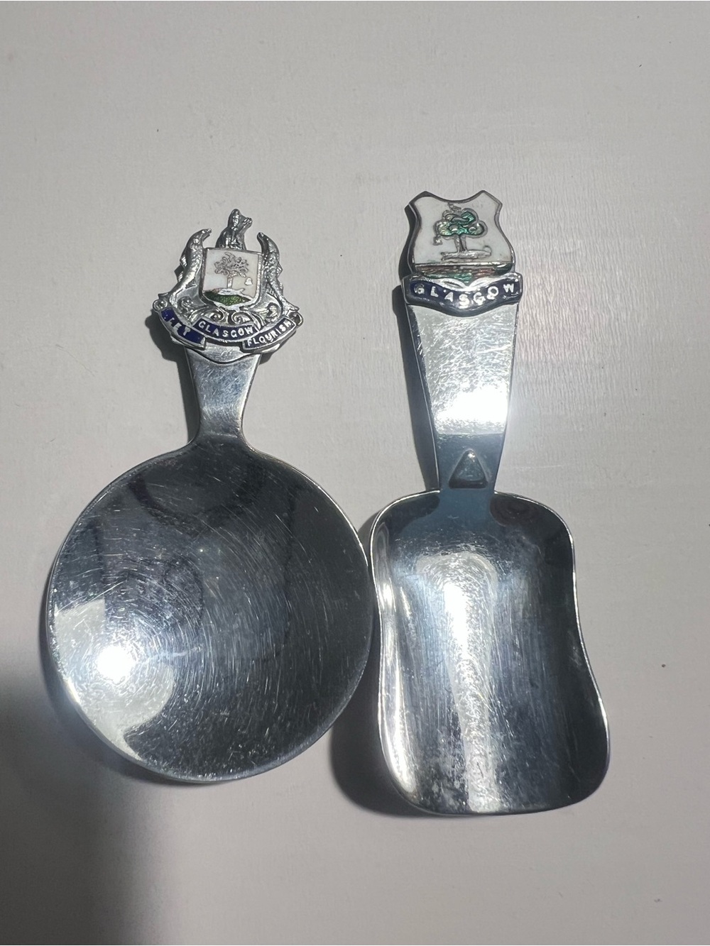 Vintage Glasgow Scotland Souvenir Spoon Set • Jam Spoon & Tea Caddy Scoop